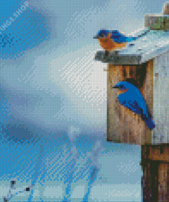 House And Blue Birds On A Fence diamond painting