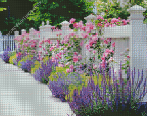 White Fence And Pink Flowers diamond painting