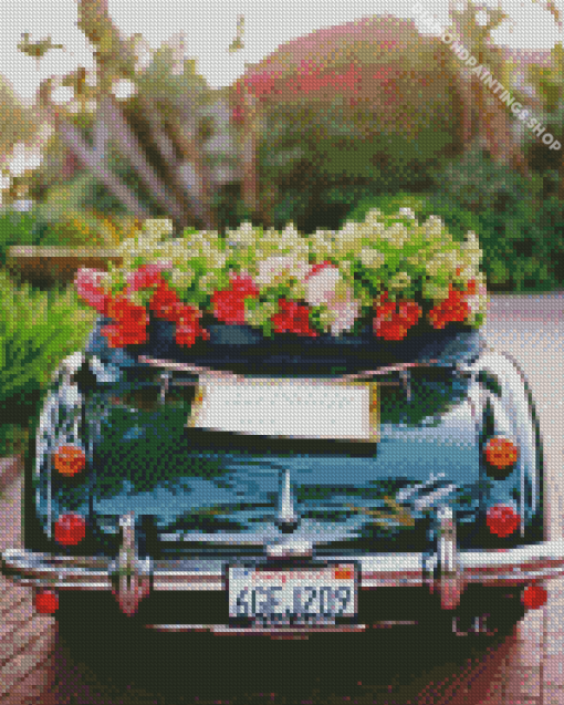 Flowers And Green Car diamond painting