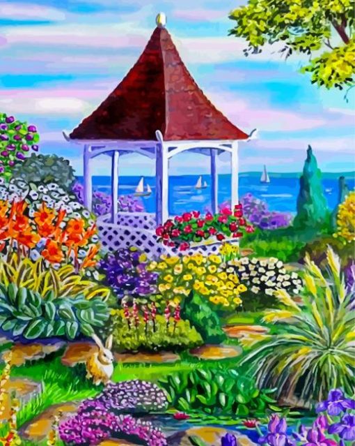 Gazebo By The Sea And Flowers diamond painting