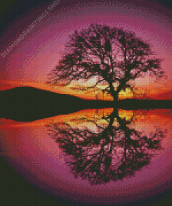 Reflection Tree By Water At Sunset diamond painting