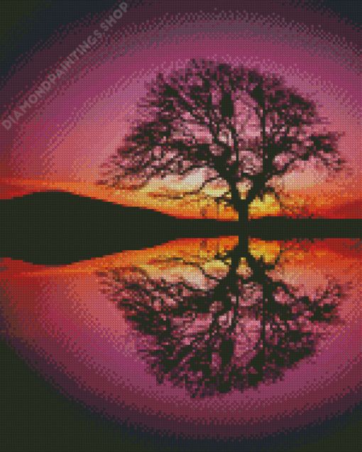 Reflection Tree By Water At Sunset diamond painting