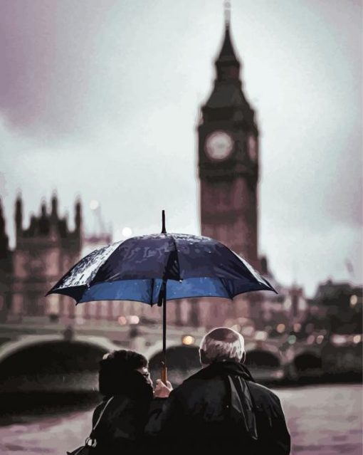 Old London Couple With Umbrella diamond painting