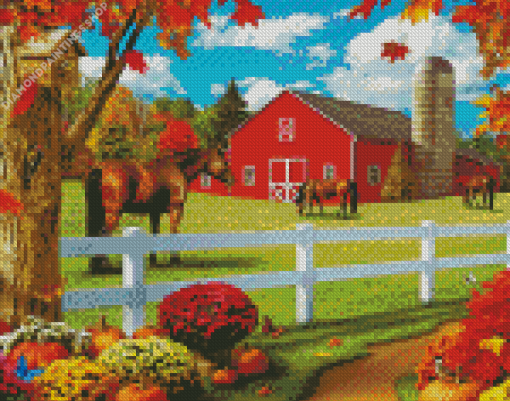 Autumn Barn And Horses diamond painting
