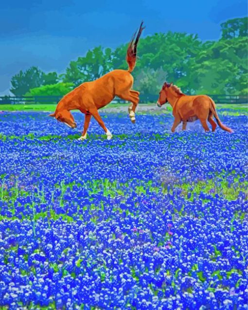 Bluebonnets And Horses diamond painting