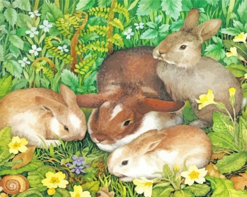 Four Bunnies And Plants diamond painting