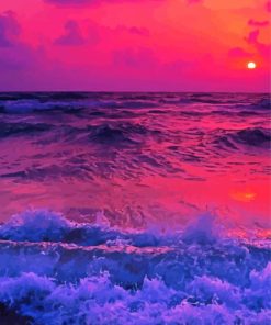 Pink Sunset With Mountain And Waves diamond painting