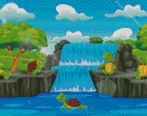 Turtle Waterfall Scenery diamond painting