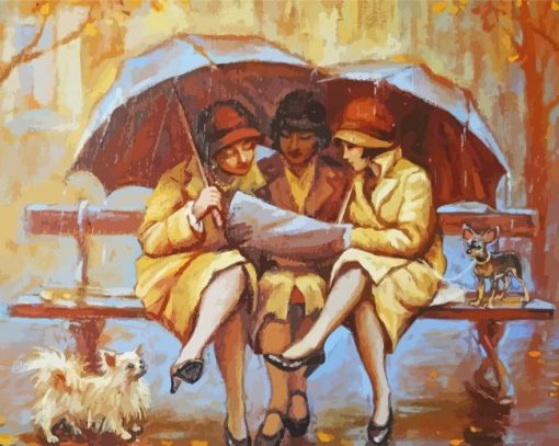 Women In Rain With Umbrellas diamond painting