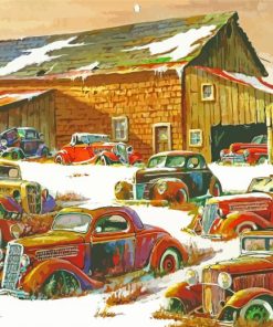 Old Cars In Snowy Yard diamond painting