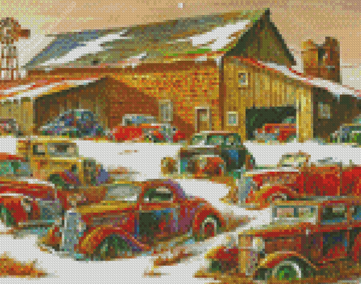 Old Cars In Snowy Yard diamond painting