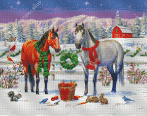 Christmas Horses Winter On The Ranch Diamond Paintings