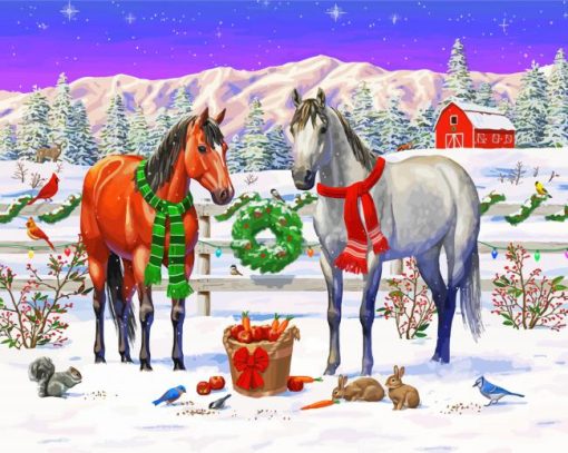 Christmas Horses Winter On The Ranch Diamond Paintings