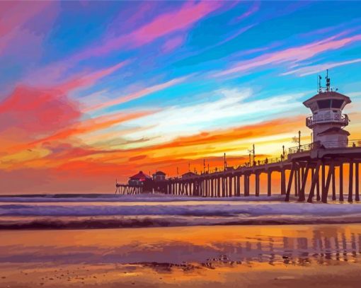 Huntington Beach Pier At Sunset Diamond Paintings