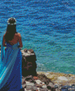 Lady In Blue Dress On Beach Diamond Paintings