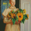 Lady With Sunflowers Vase Diamond Paintings