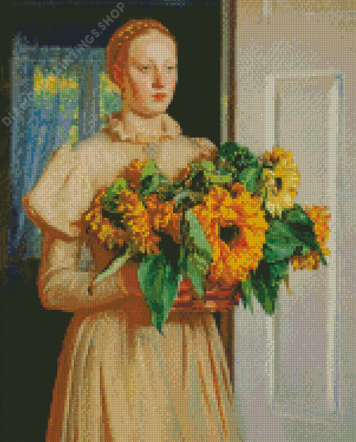 Lady With Sunflowers Vase Diamond Paintings