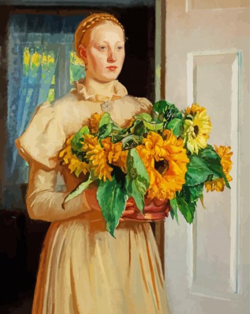 Lady With Sunflowers Vase Diamond Paintings