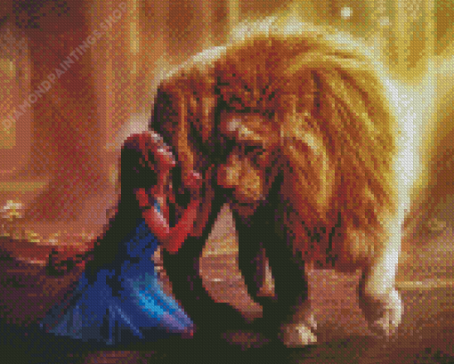 Lion And Girl In Blue Dress Diamond Paintings