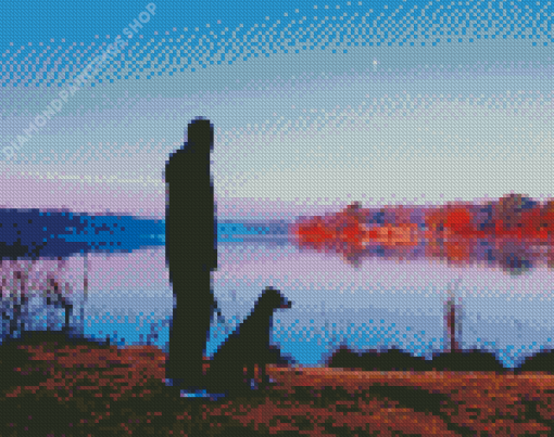 Man And Dog Silhouette By Lake Diamond Paintings