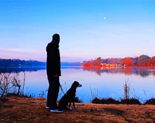 Man And Dog Silhouette By Lake Diamond Paintings