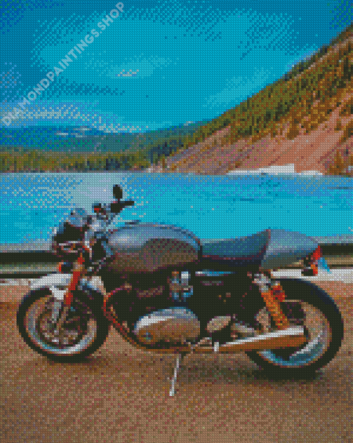 Motorcycle By Blue Lake Diamond Paintings