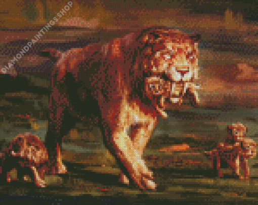Sabertooth Tiger And Cubs Diamond Paintings
