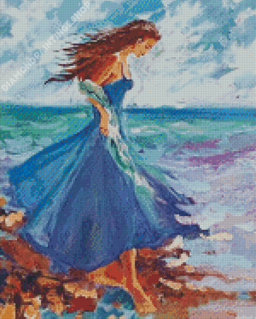 Seaside Blue Dress Woman Diamond Paintings