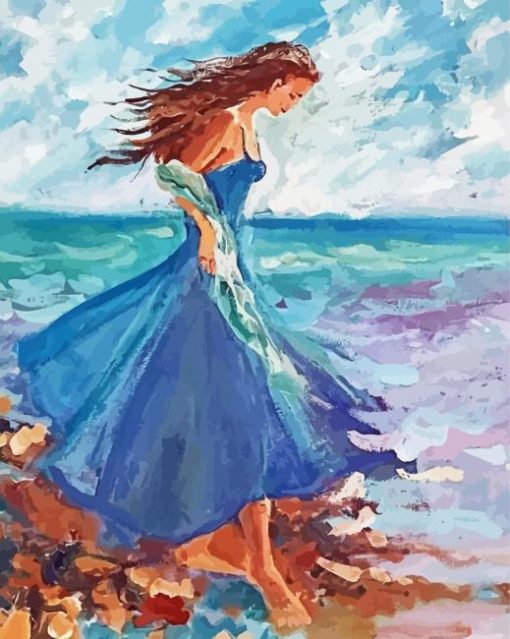 Seaside Blue Dress Woman Diamond Paintings