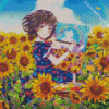 Sunflower And Artist Anime Girl Diamond Paintings