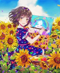 Sunflower And Artist Anime Girl Diamond Paintings