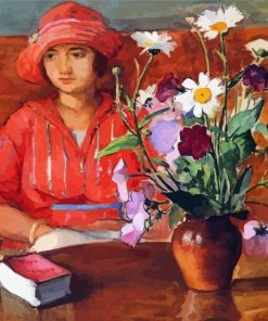 Woman With Flower In Vase On Table Diamond Paintings