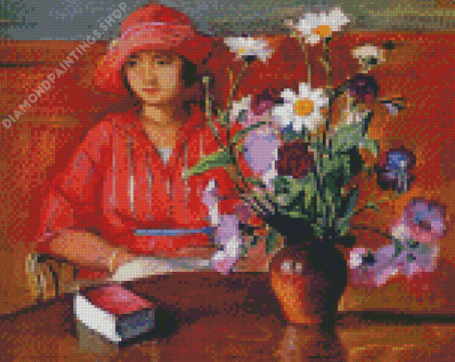 Woman With Flower In Vase On Table Diamond Paintings