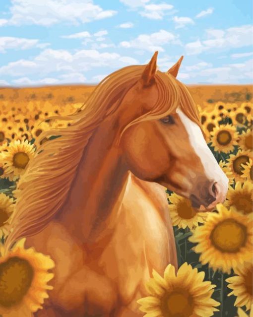 Adorable Horse With Sunflowers Diamond Paintings