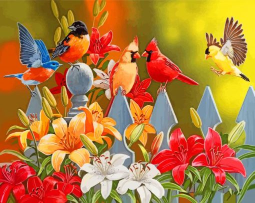 Aesthetic Birds On A White Picket Fence Diamond Paintings