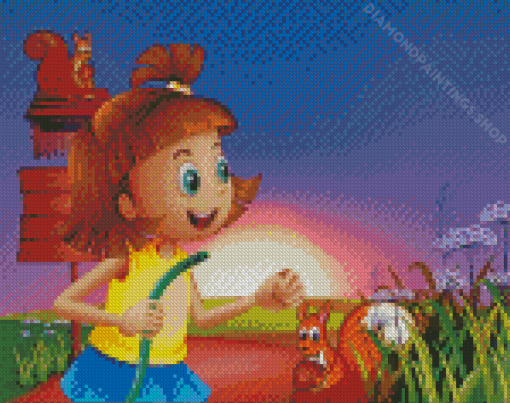 Cartoon Girl With Water Hose Diamond Paintings