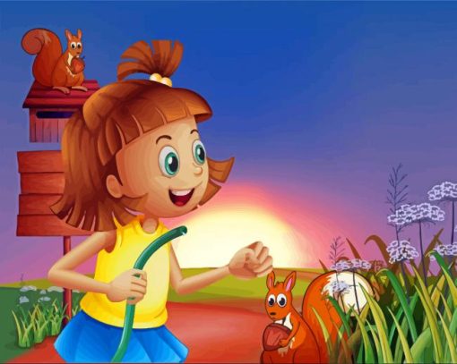 Cartoon Girl With Water Hose Diamond Paintings