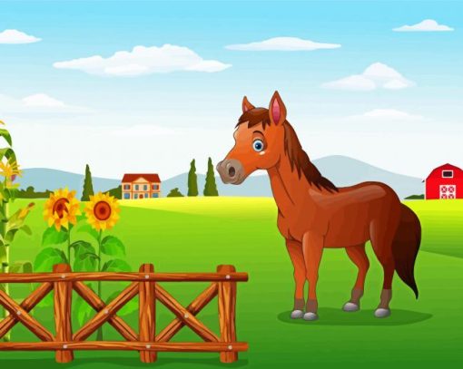 Cartoon Horse In Farm Diamond Paintings