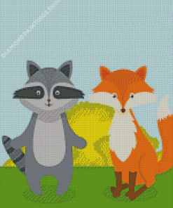 Fox And Raccoon In The Field Landscape Diamond Paintings