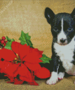 Puppy With Red Poinsettia Diamond Paintings
