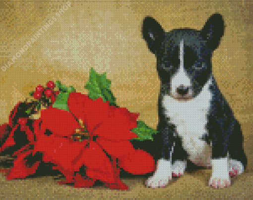 Puppy With Red Poinsettia Diamond Paintings