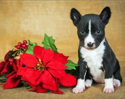 Puppy With Red Poinsettia Diamond Paintings