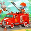 Fire Truck And Animals Diamond Paintings