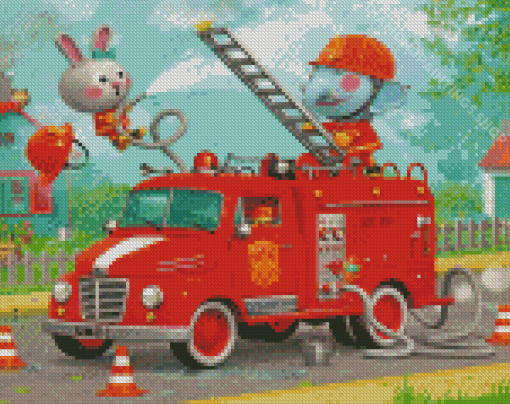 Fire Truck And Animals Diamond Paintings