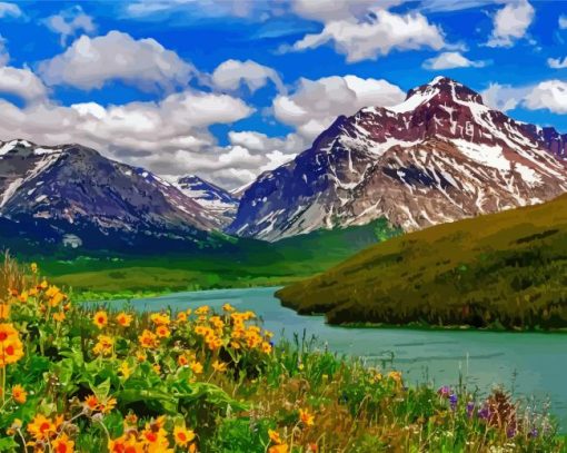 Beautiful Nature Mountain Lake Flowers Diamond Paintings