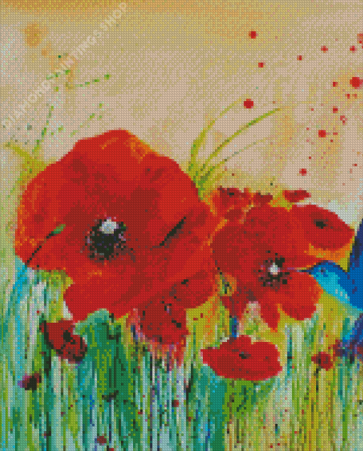 A Bluebird and Poppies Diamond Paintings