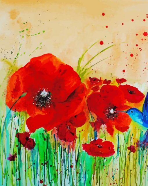 A Bluebird and Poppies Diamond Paintings