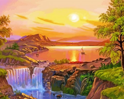 Sunset Waterfall River Diamond Paintings