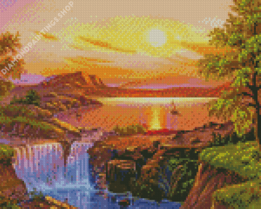 Sunset Waterfall River Diamond Paintings