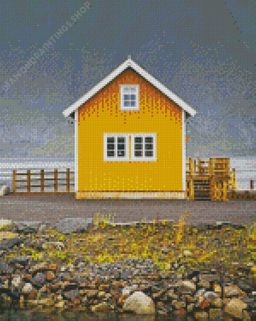 Yellow House In Winter Season Diamond Paintings